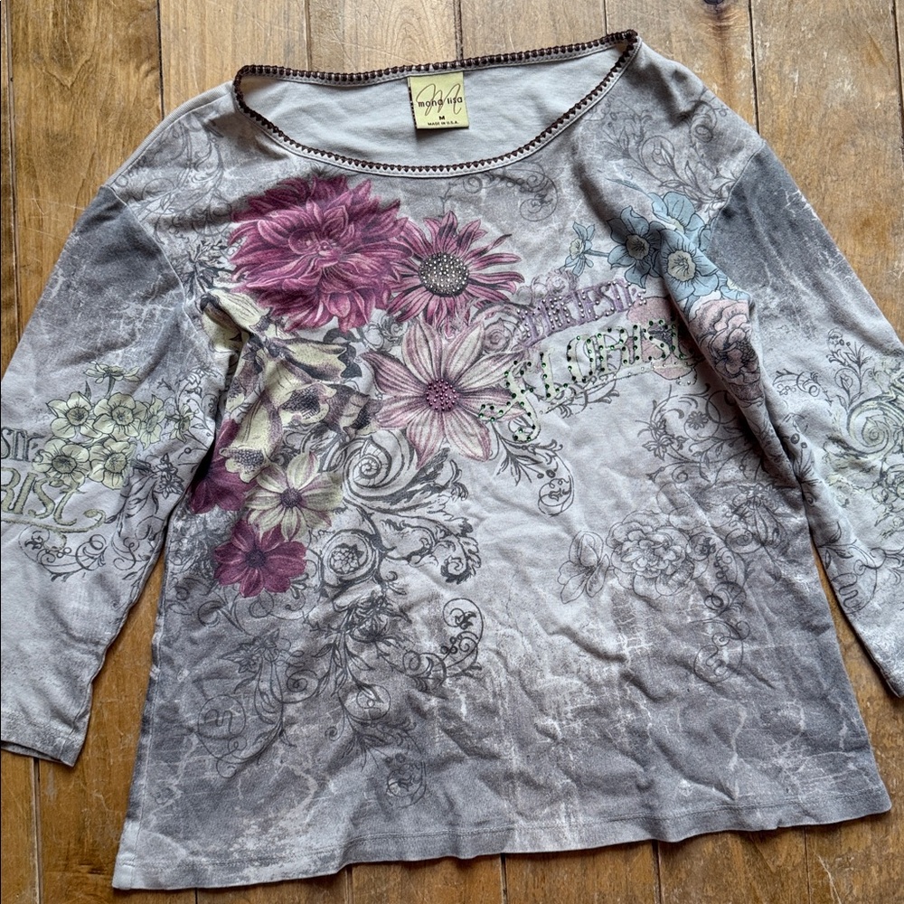 MONA LISA Floral All Over Print Top with Pink and Gray Medium